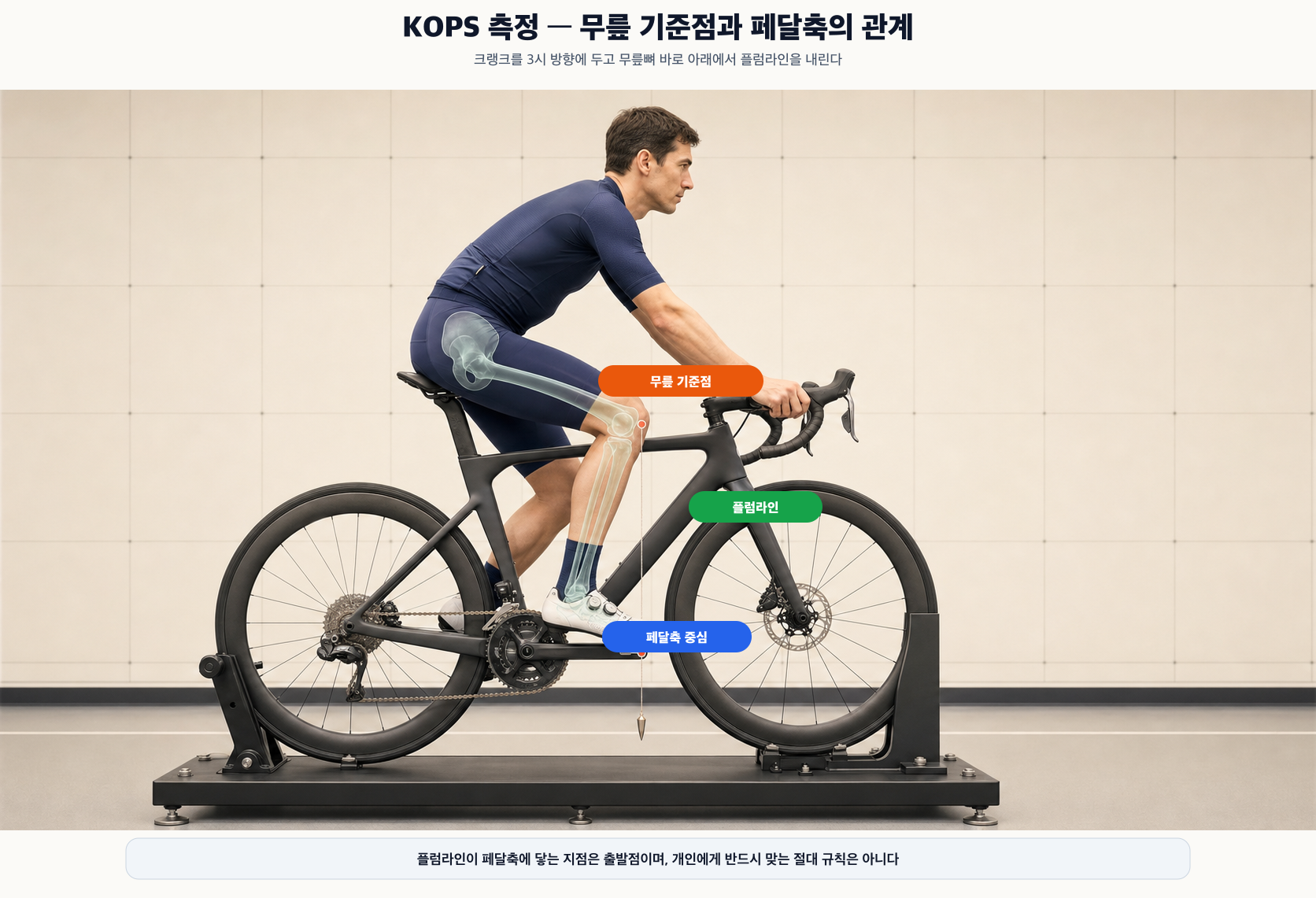 KOPS 측정 — 무릎 기준점에서 페달 축까지 내린 플럼라인